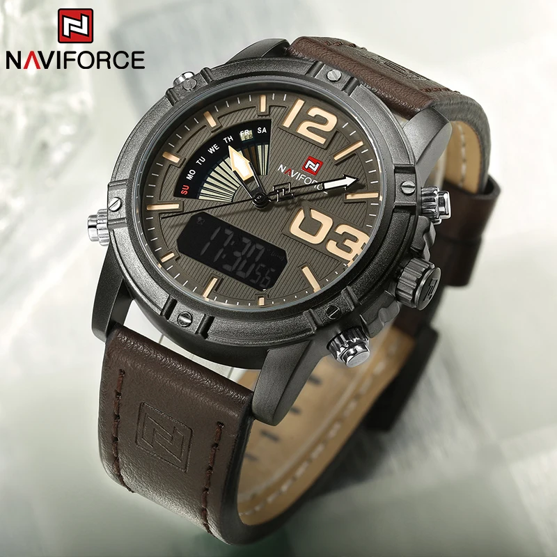 Leather Watch Band Men - NAVIFORCE แบรนด์ชั้นนำนาฬิกาผู้ชายมัลติฟังก์ชั่น LED นาฬิกาข้อมือดิจิตอลสปอร์ตหรูหราทหารสายหนังควอตซ์อิเล็กตรอนนาฬิกาชาย