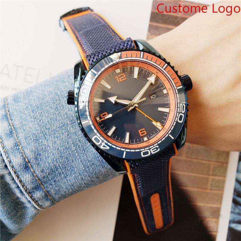 Rubber Strap Diver - นาฬิกาดำน้ำสำหรับผู้ชาย GMT หน้าปัดสีน้ำเงิน-ส้ม ขอบหน้าปัดสองสี สายไนลอนถักผสมยาง สายเรืองแสง