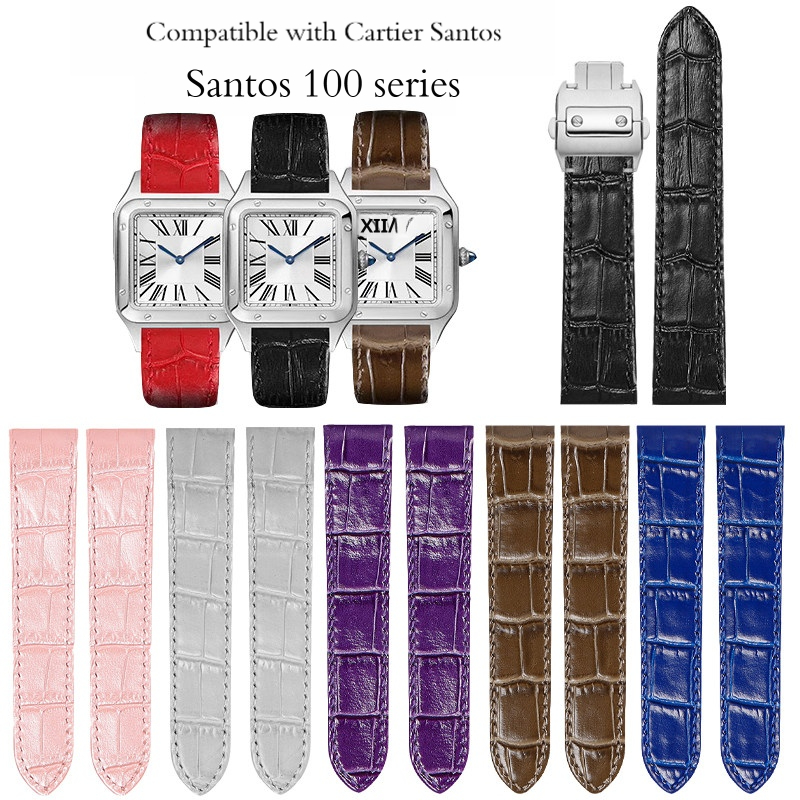 Cartier Watch Santos - 20 23 มม.สายหนังวัวแท้สำหรับคาร์เทียร์ ซานโตส 100 สายนาฬิกาหนังลูกวัวสายนาฬิกาสแตนเลสสตีลหัวเข็มขัดผีเสื้อ