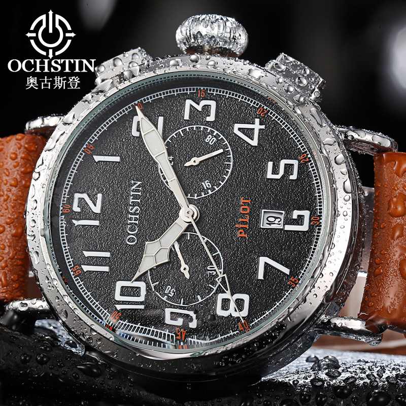 Leather Watch Band Men - OCHSTIN สายหนังแท้นาฬิกาข้อมือควอตซ์ผู้ชายนาฬิกากันน้ำมัลติฟังก์ชั่นนาฬิกาผู้ชายนาฬิกากันน้ำ