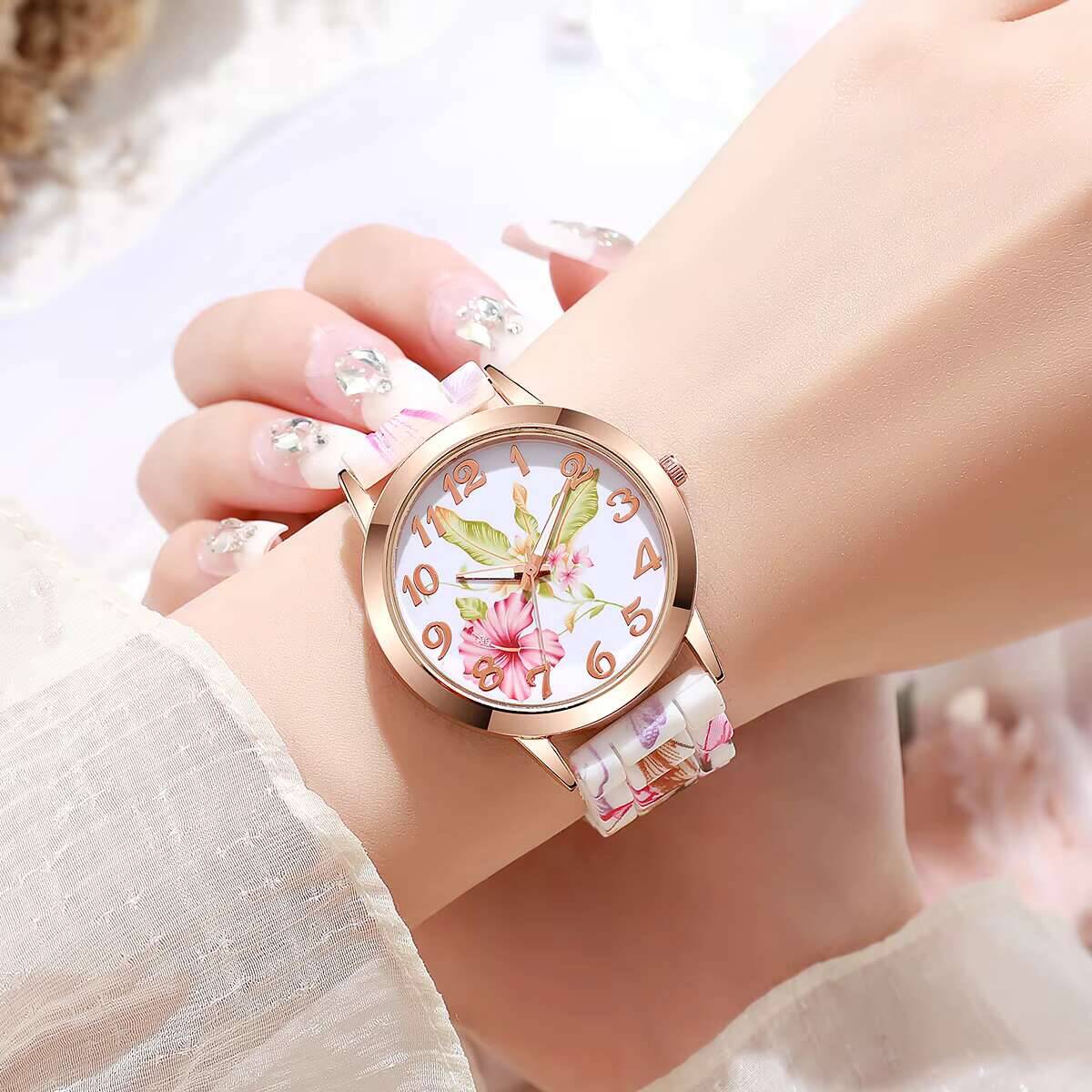 2 ชิ้นแฟชั่นดอกไม้พิมพ์ลายนาฬิ - Silicone Band Women บทวิจารณ์และราคา