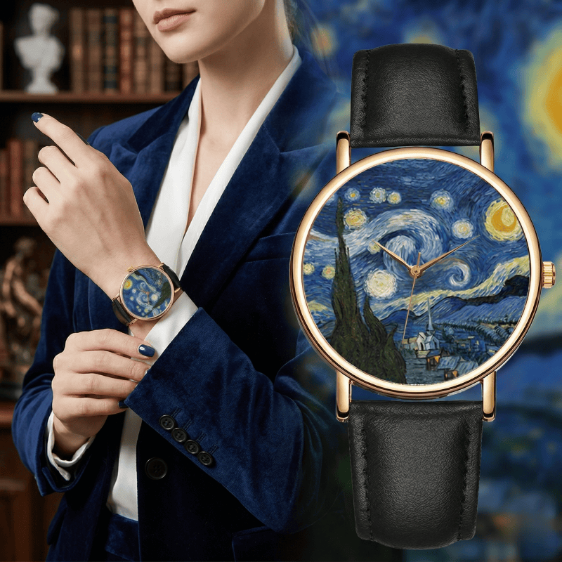 นาฬิกาข้อมือลายภาพวาดของแวนโก๊ - Leather Watch Band Men บทวิจารณ์และราคา